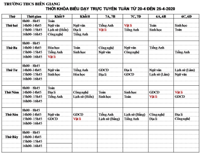 THỜI KHÓA BIỂU DẠY HỌC ONLINE